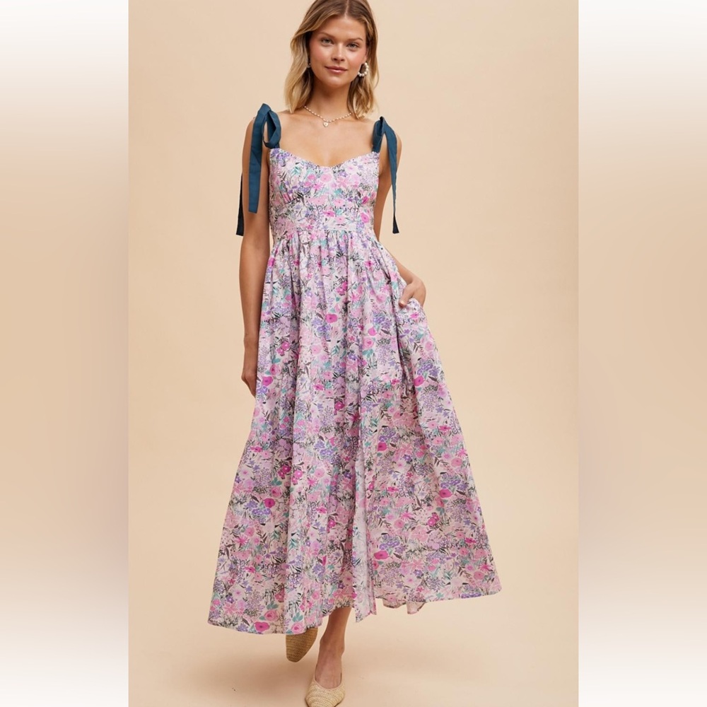 Emerald Lavendar Darling Cotton Floral Maxi Dress with pockets